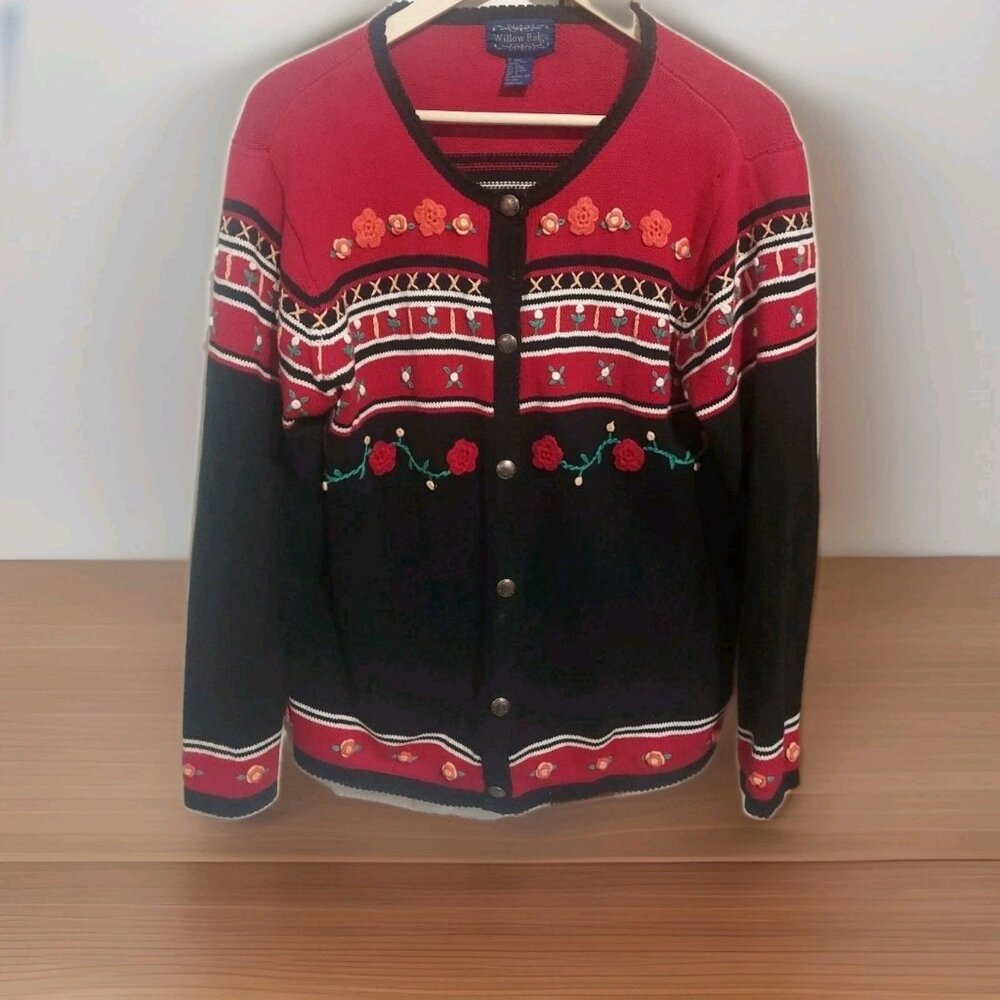 Vtg Willow Ridge Black Red Floral Button Knit Cardigan Embroidered Flowers Sz M‎